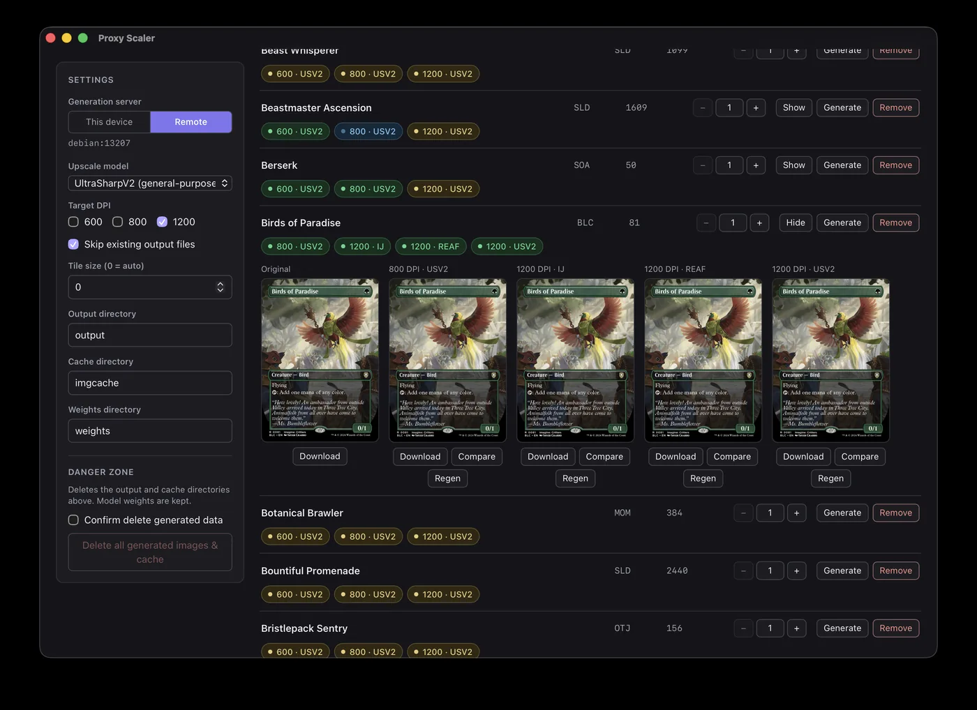 Proxy Scaler decklist view showing an imported deck with card previews