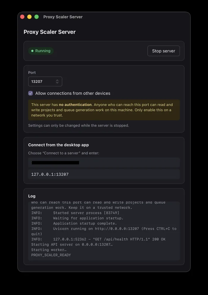 Server app status window showing address and live log